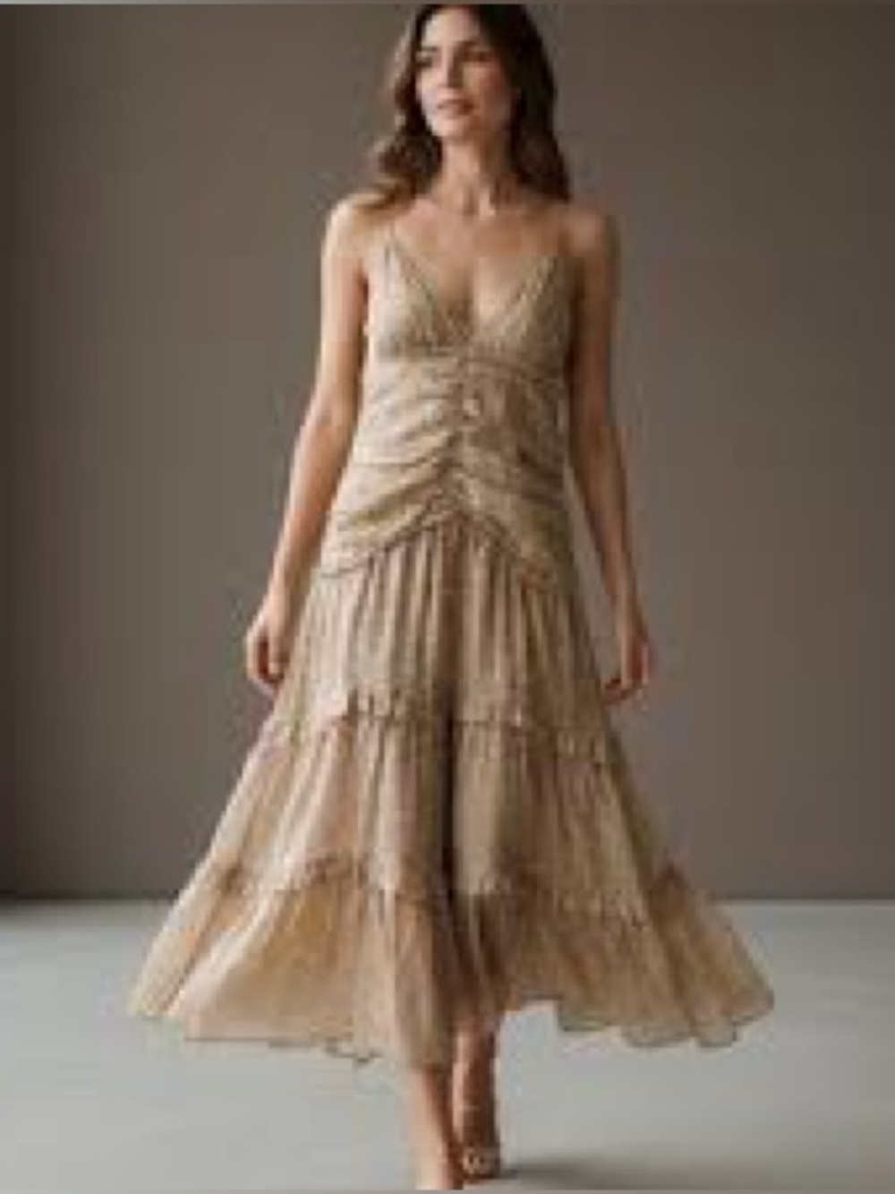 SORIA Pink Brown Tiered Spaghetti-Strap Midi Dress Boho Flowy Sundress V Neck L